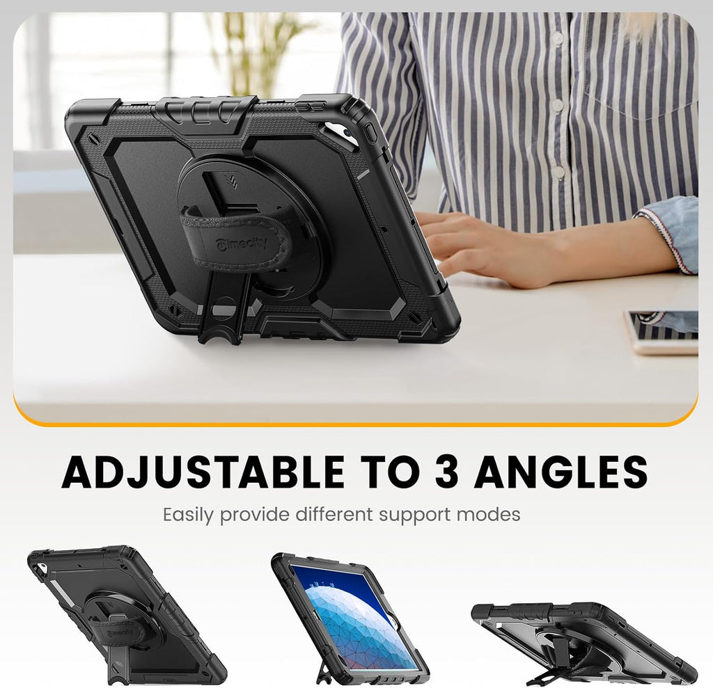 Timecity for iPad Air 3/ Pro 10.5 Inch Case, 360° Rotating Stand, Pencil Holder, Shockproof with Screen Protector & Shoulder Strap - Heavy Duty Protection Case for iPad Air 3rd Gen - Black