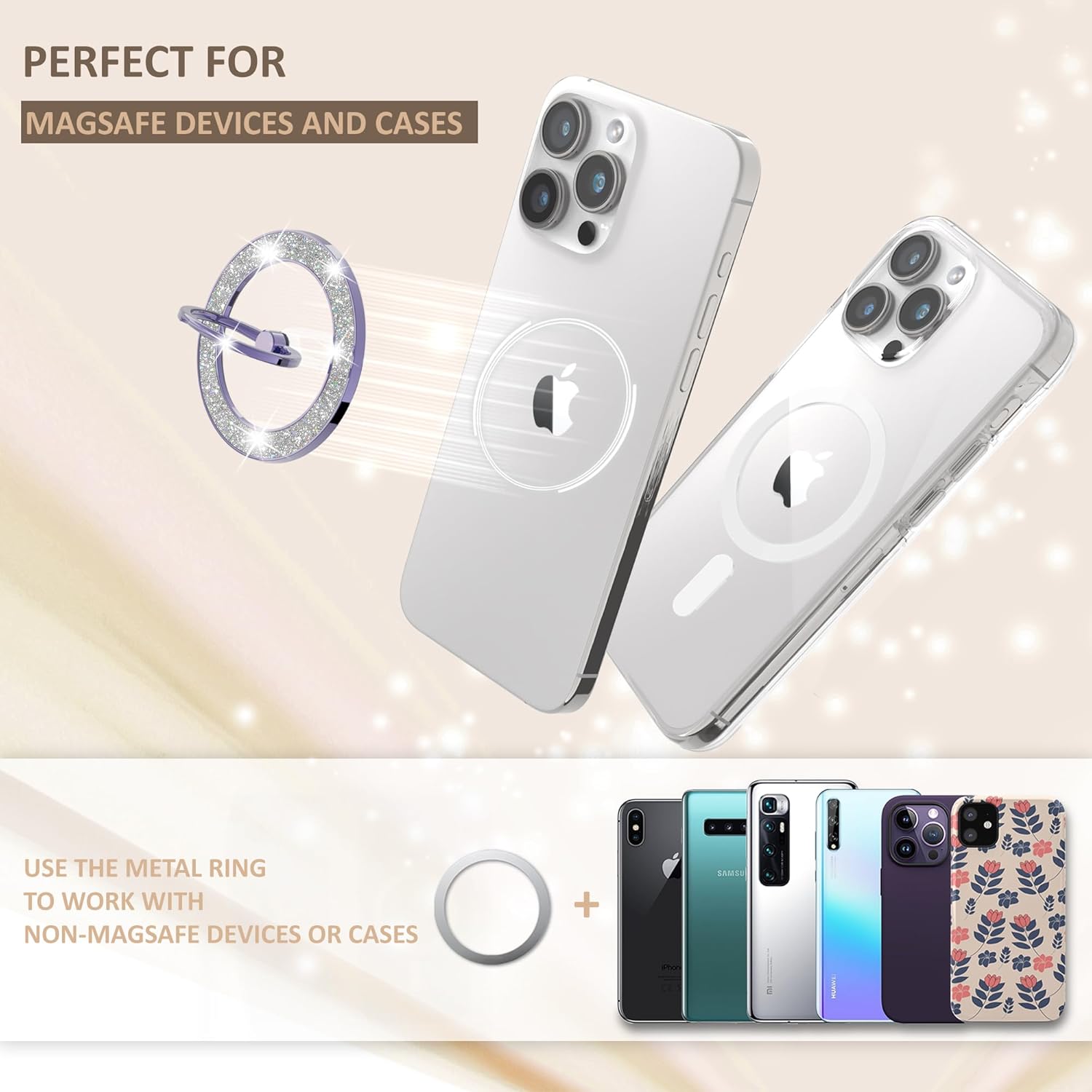 Magnetic Phone Ring Holder for MagSafe, Magnetic Phone Grip for iPhone, Compatible with iPhone MagSafe Wireless Charging. (Glitter Purple)