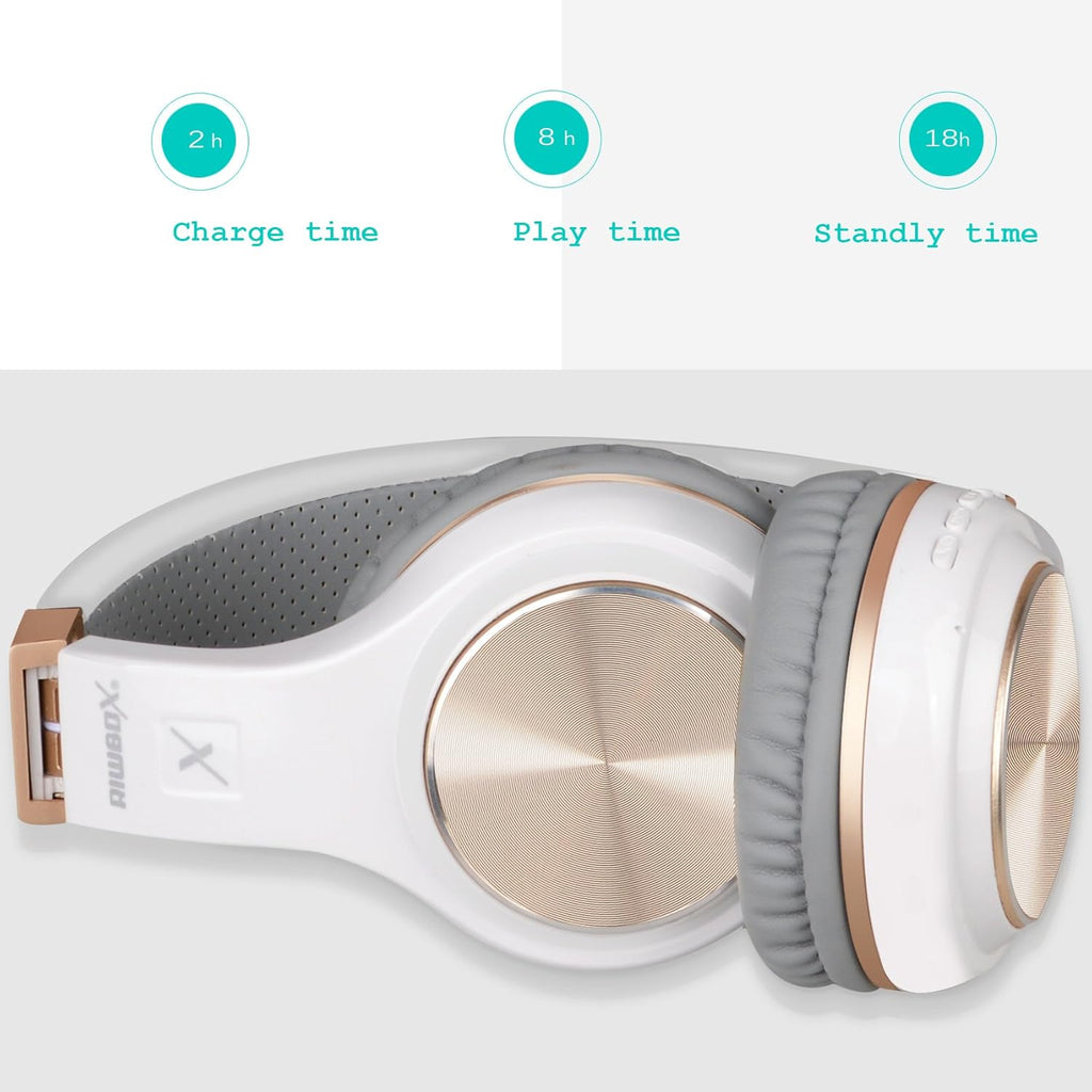Riwbox Bluetooth Headphones, XBT-80 Folding Stereo Wireless Bluetooth Headphones Over Ear with Microphone and Volume Control, Wireless and Wired Headset for PC/Cell Phones/TV/Gym (White Gold)