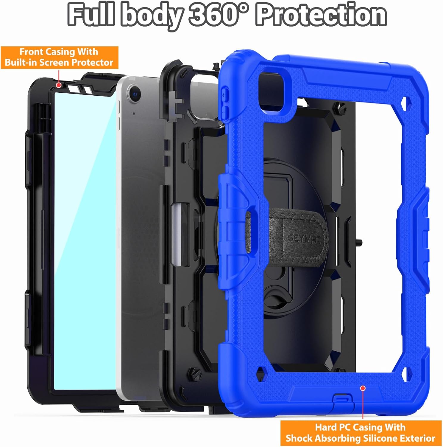 SEYMAC for iPad Air 5th/ 4th Generation Case 10.9 Inch, Full-Body Shockproof Protective Case with Screen Protector, Rotating Stand/Handle/Shoulder Strap/Pencil Holder for iPad Air 5/ Air 4, Blue