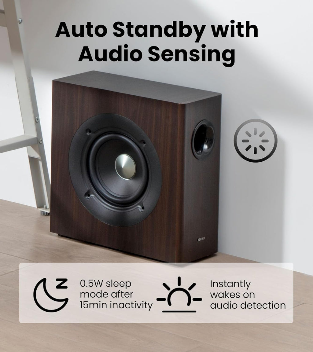 Edifier T5s Powered Active Subwoofer with 70W RMS, 8" Long-Throw Woofer, Deep Bass (35Hz) Speaker, Built-in Amp, Low Distortion, Phase Selector & Energy-Efficient for Home & Studio Audio, Brown