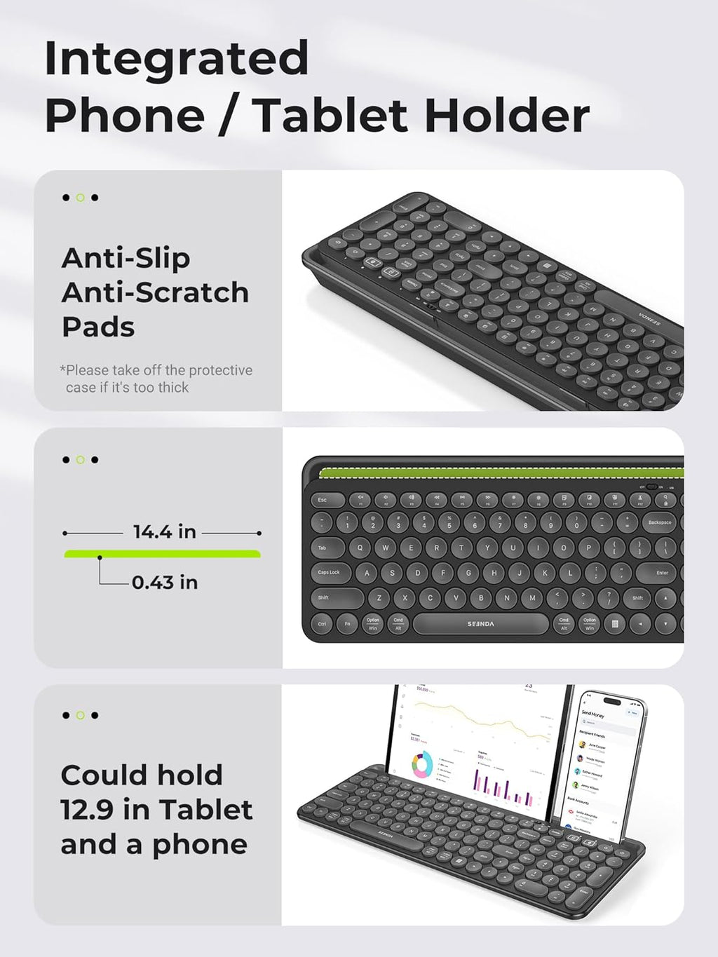 seenda Bluetooth Keyboard and Mouse for iPad, Multi-Device Bluetooth + 2.4G Wireless Keyboard Mouse with Tablet Holder for MacBook/Windows Computer, iOS/Andriod Tablet Phone, Black