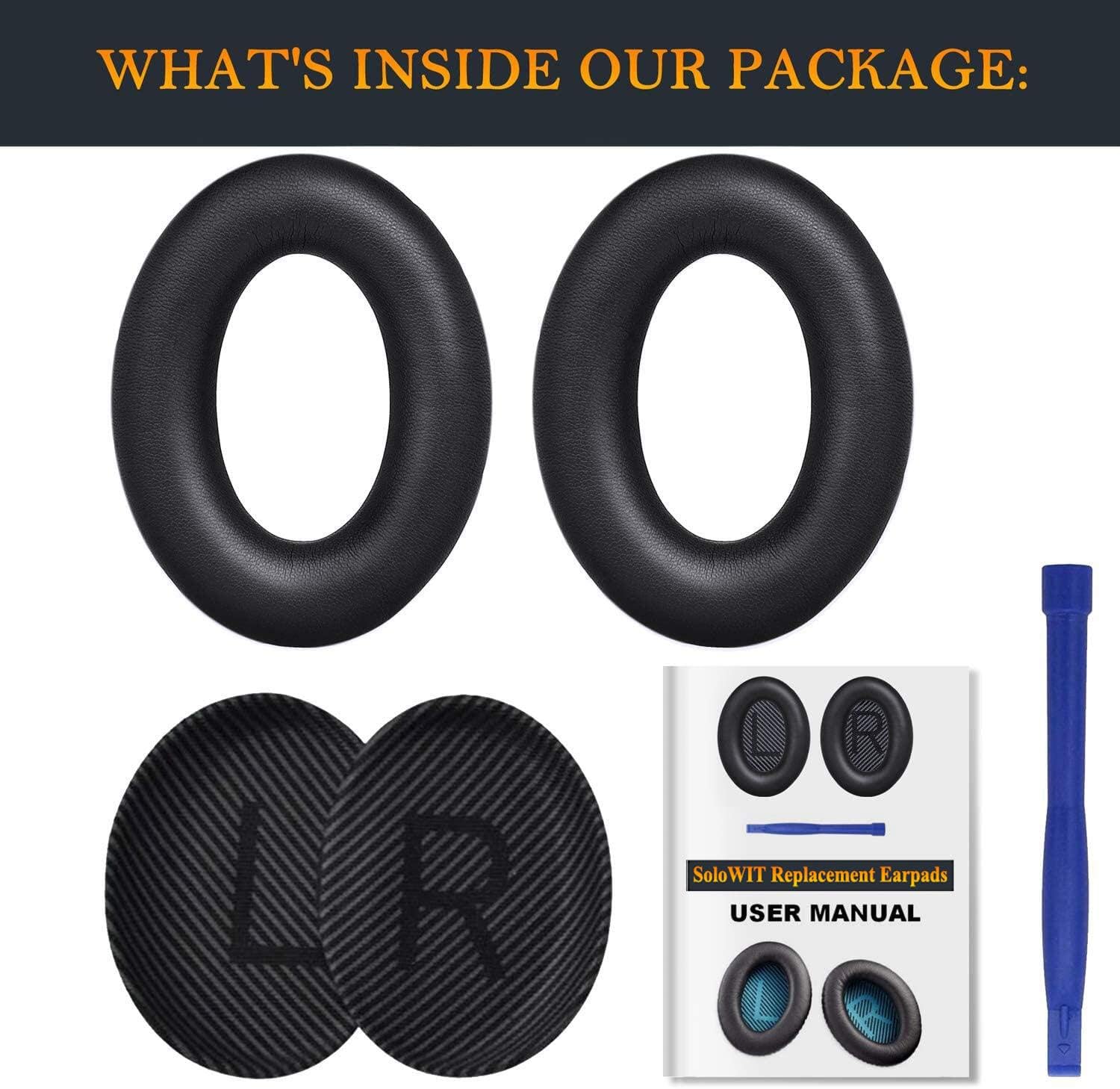 SoloWIT Replacement Earpads Cushions for Bose QuietComfort 35 (QC35) & Quiet Comfort 35 II (QC35 ii) Headphones, Ear Pads with Softer Leather, Noise Isolation Foam, Added Thickness (Black)