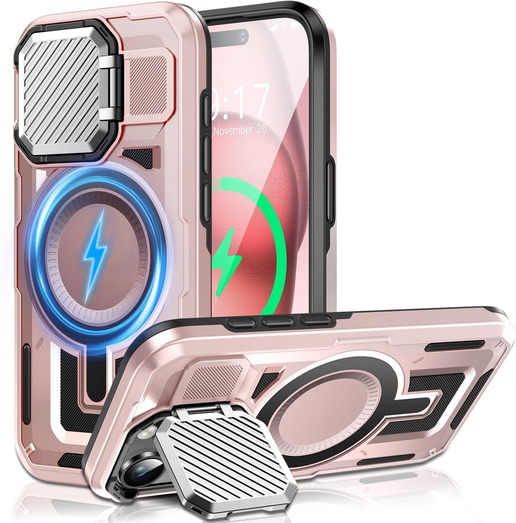 Camera Stand Case for iPhone 15, [Compatible with Mag Safe] [Lens Cover] 2024 Version Military Grade Protective Soft Case for iPhone 15 6.1 inch Men Women, Pink