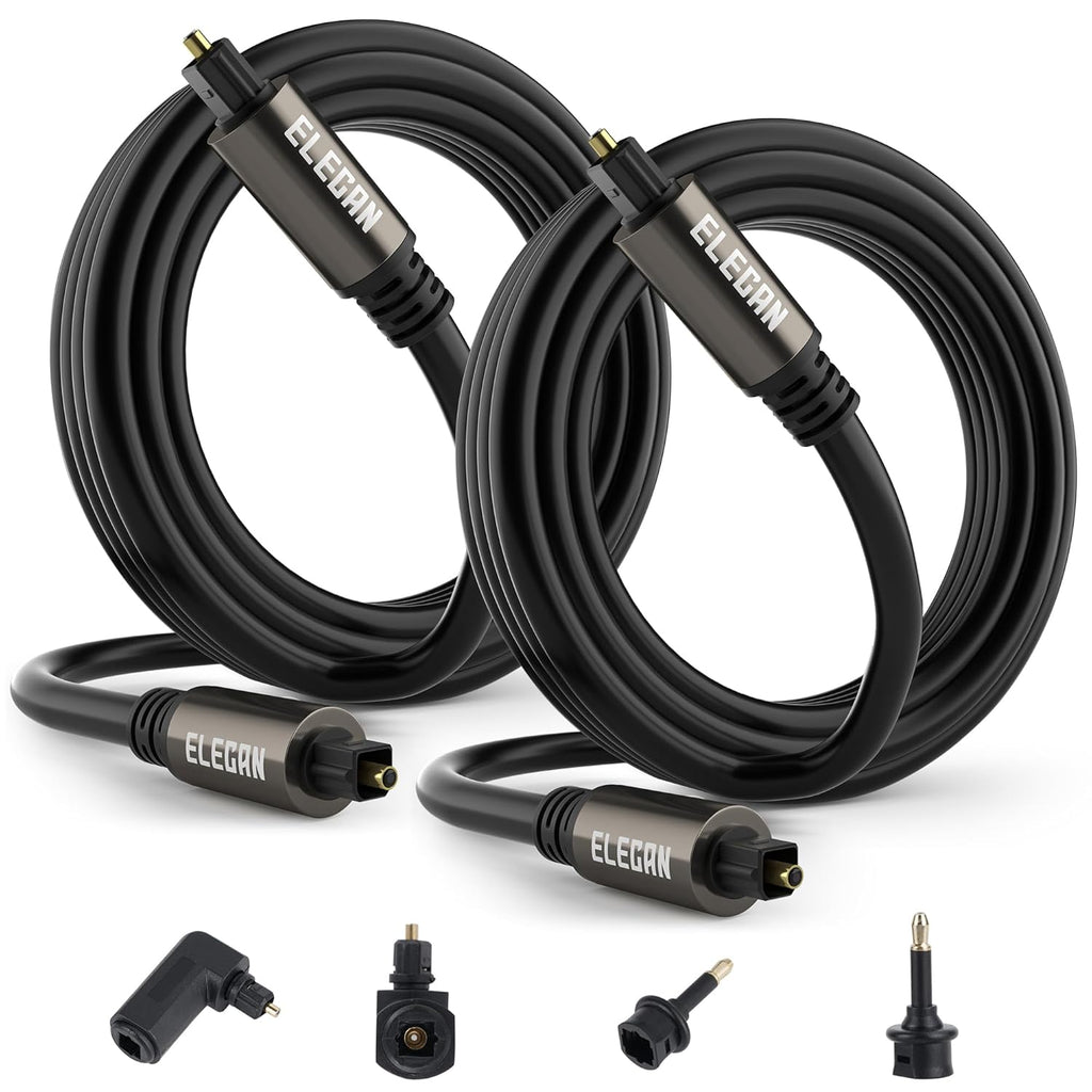 Elecan Optical Audio Cable 12 Ft/2 Pack Digital Audio Toslink Cable Cord-Fiber Optic-Gold Plated-Flexiable&Durable-for Home Theater,Sound Bar,PS4& Xbox-with Right Angled+Mini Toslink Adapters+Ties