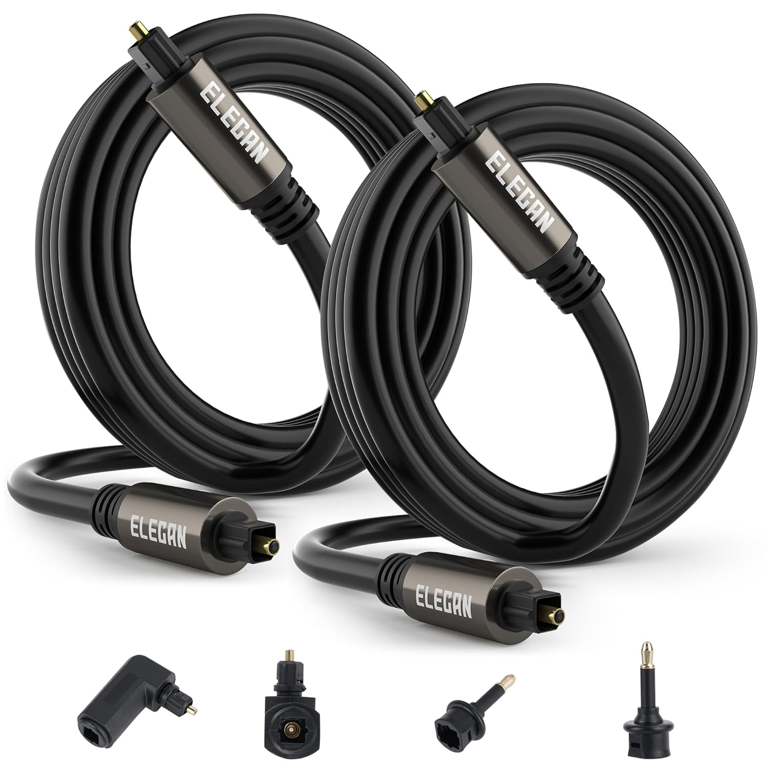 Elecan Optical Audio Cable 4 Ft/2 Pack Digital Audio Toslink Cable Cord-Fiber Optic-Gold Plated-Flexiable&Durable-for Home Theater,Sound Bar,PS4& Xbox-with Right Angled+Mini Toslink Adapters+Ties