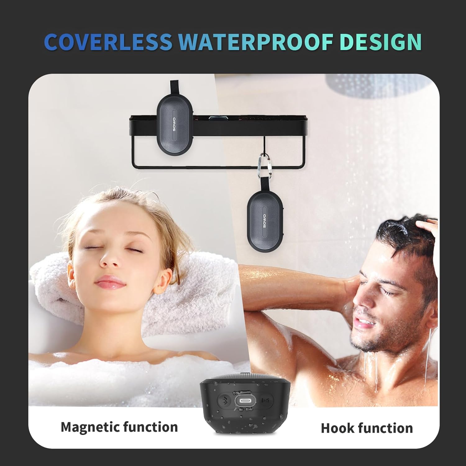 SOWO Wireless Portable Small Speaker, Ultra Magnetic Bluetooth Speaker for Golf Cart, Coverless IP67 Waterproof, 24 H Playtime, Pro Sound, Clip Hanging Design for Outdoor, Indoor - Black