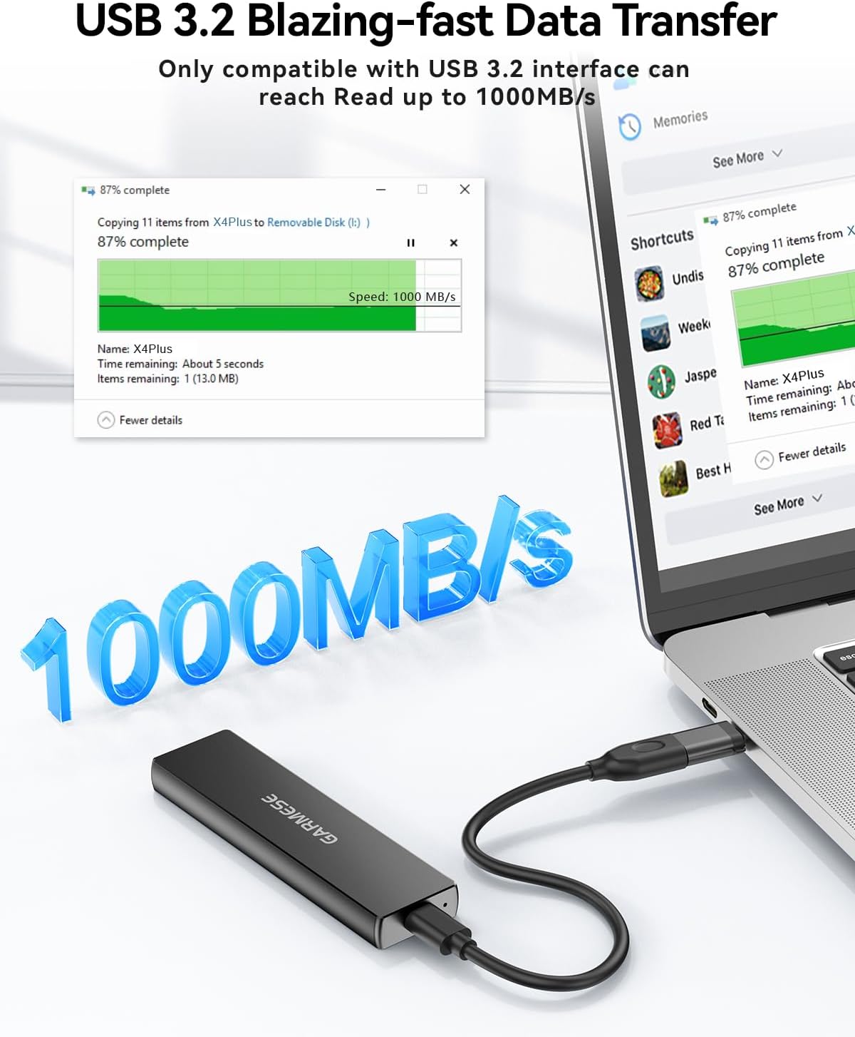 1TB External SSD - Up to 1000MB/s Read Speed USB 3.2 Gen 2 Portable SSD, External Solid State Drives with Type-C Cable for PC Mac Game Console