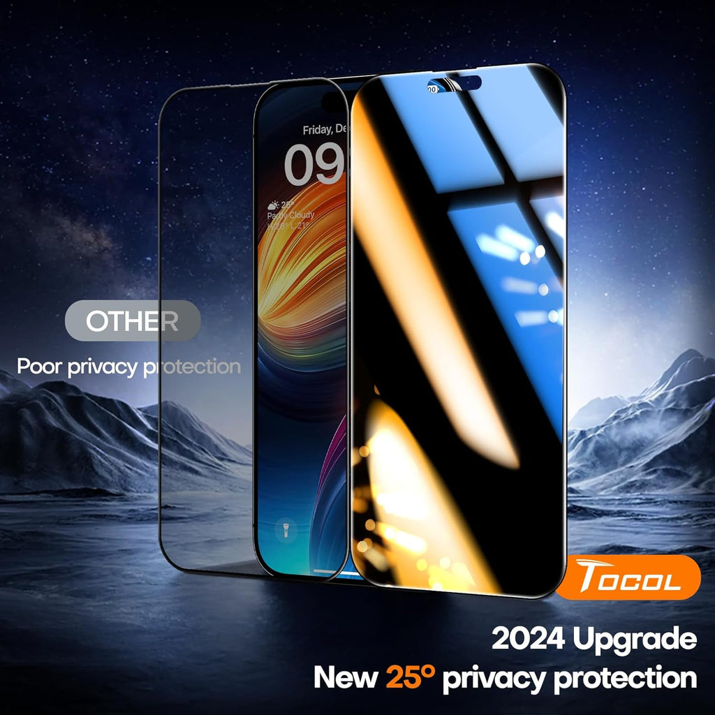 TOCOL for iPhone 16 Plus 15 Plus Privacy Screen Protector True 25°Anti Spy 9H+ Hardness Tempered Glass Full Coverage Screen Protector Easy Installation 2 Pack