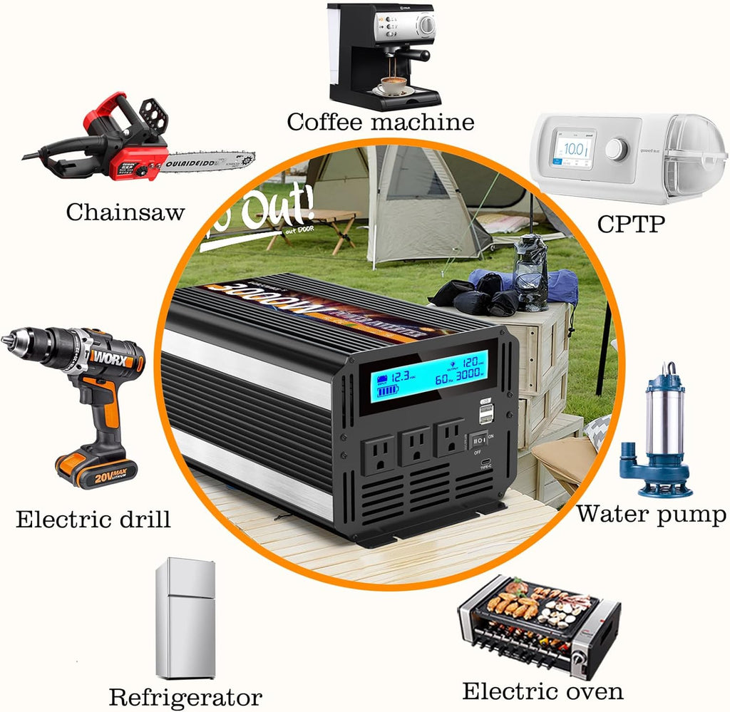 3000W Power Inverter 12V DC to AC 110V/120V (Peak) 6000W Converter 3 sockets car Inverter with Remote Control and LED Display 3.4A USB Port