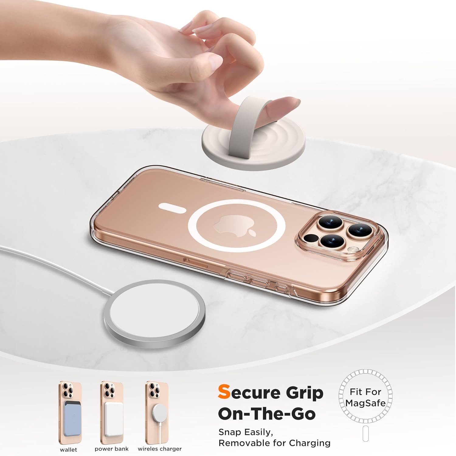 Magnetic Phone Ring Grip Holder, Silicone Finger Loop Grip, Compatible with MasSafe, Back of Phone for iPhone Pro Max/Plus/16/15/15/14/13/12 Series, Stone