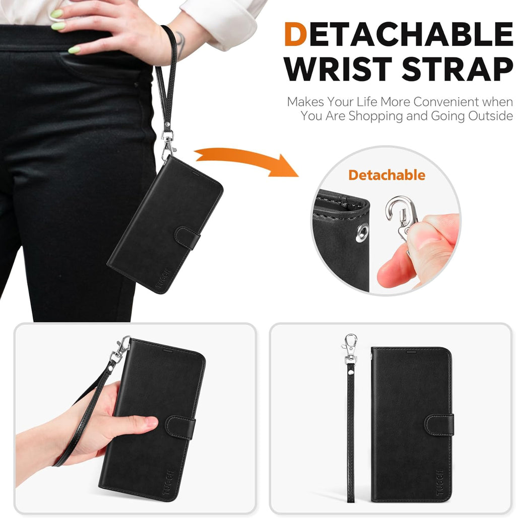 TUCCH Wallet Case for Galaxy S25, Removable 2 in 1 RFID Blocking [4 Card Slots] Wrist Strap [Wireless Charging] Kickstand PU Leather Magnetic Detachable Protective Cover for Galaxy S25 6.2", Black