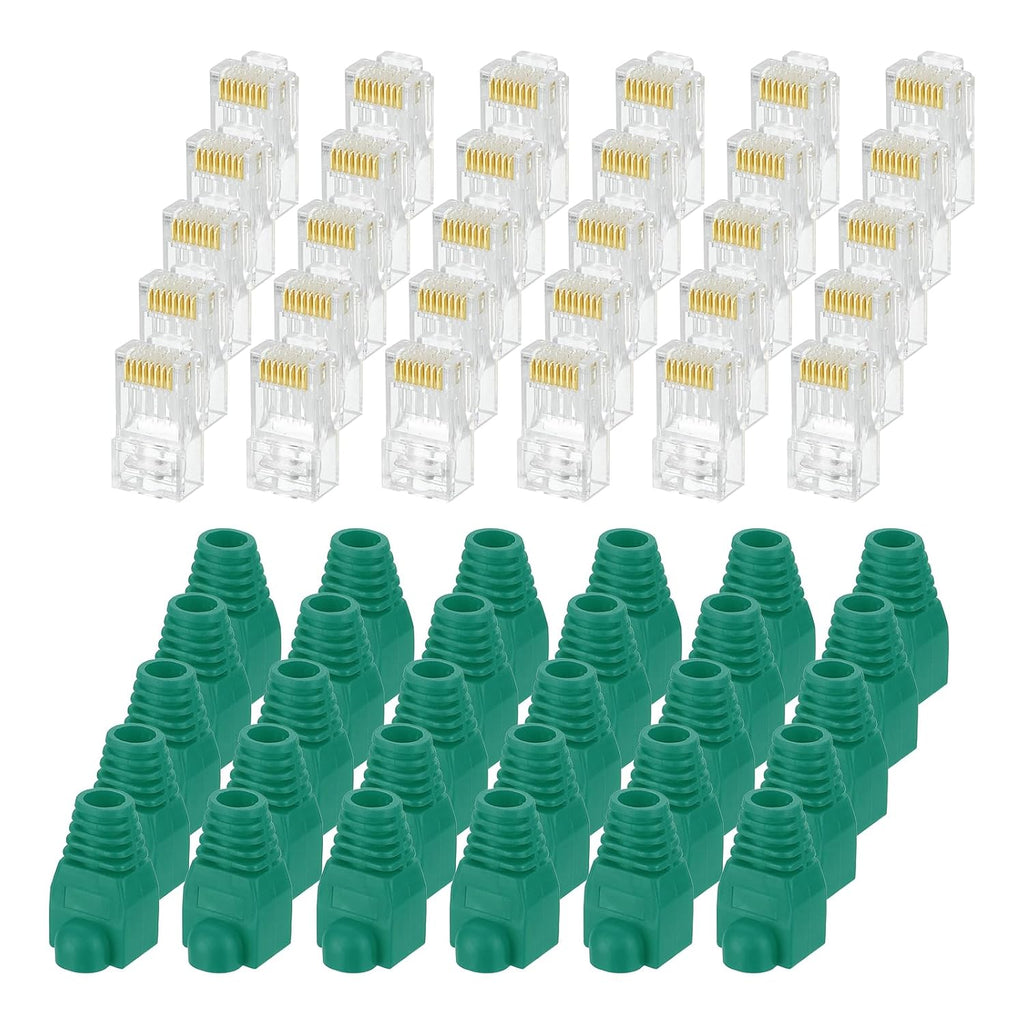 MECCANIXITY 100pcs Cat6 RJ45 Pass Through Connectors, RJ45 Connector 8P8C Gold Plated Plugs with 100pcs Green Strain Relief Boots for Solid or Stranded UTP Ethernet Cable, 1.1mm