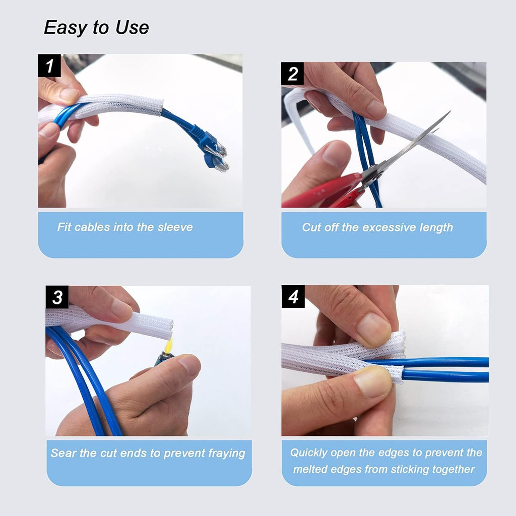 CrocSee 10ft - 1.25 inch Braided Cable Management Sleeve Cord Protector - Self-Wrapping Split Wire Loom for TV/Computer/Home Theater/Engine Bay - White