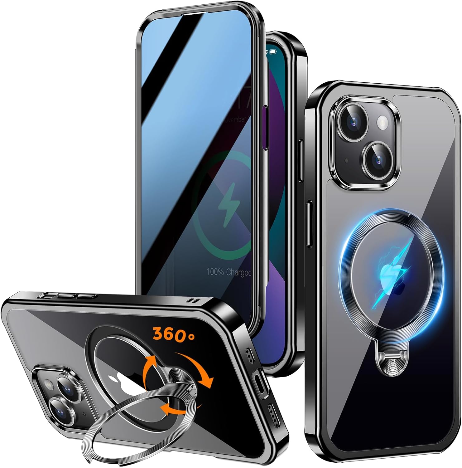 [360° Rotatable CD Stand & Built-in Privacy Screen Magnetic Case for iPhone 13 [Compatible with MagSafe & Full Signal] Mil-Grade Shockproof Full Body Anti-Spy Cover for 13-Black