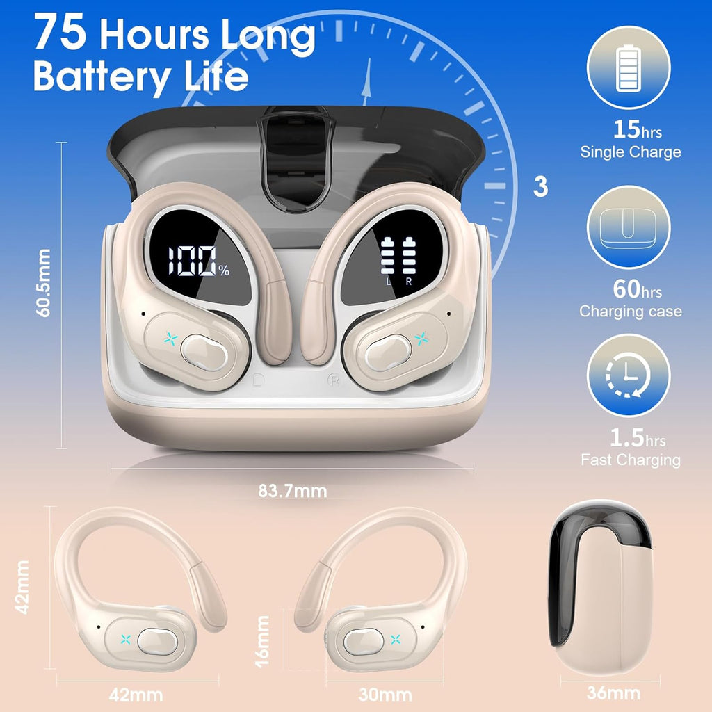Wireless Earbuds 75hrs Bluetooth 5.4 Headphone Sport, 2025 Bluetooth Earbuds Stereo Deep Bass Over Ear Bud with Earhooks, ENC Noise Cancelling Mic, IPX7 Waterproof Earphone, Camel