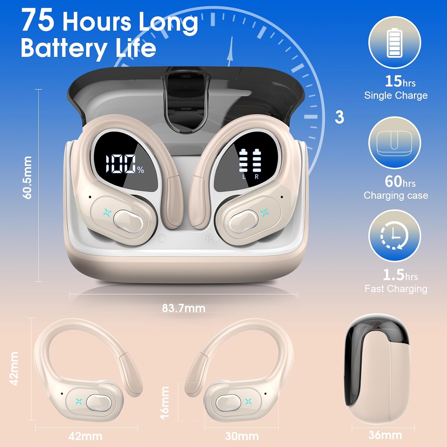 Wireless Earbuds 75hrs Bluetooth 5.4 Headphone Sport, 2025 Bluetooth Earbuds Stereo Deep Bass Over Ear Bud with Earhooks, ENC Noise Cancelling Mic, IPX7 Waterproof Earphone, Camel