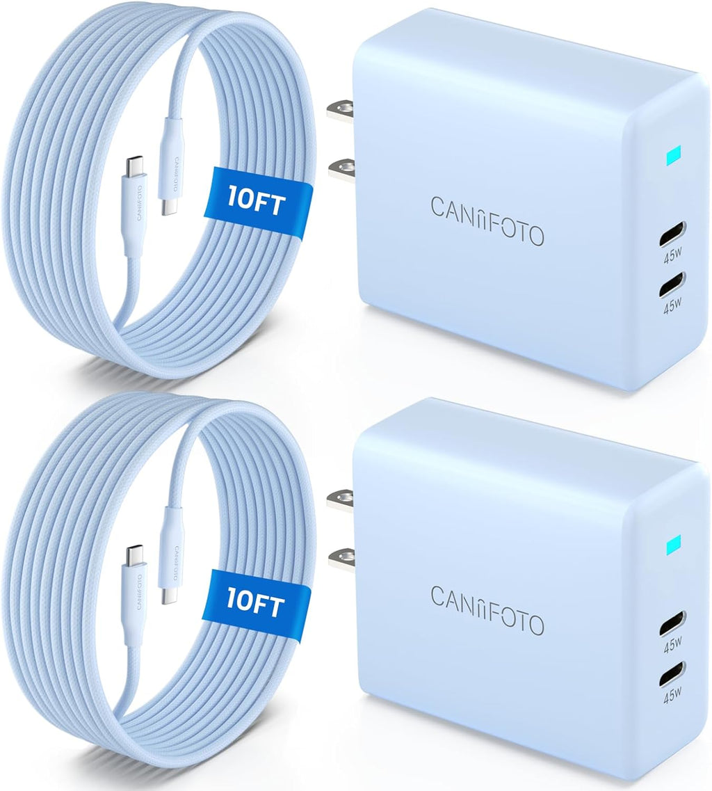 2Port 45W Super Fast Charger Type C, 2Pack 45W USB-C Charger Fast Charging for Samsung Galaxy S24 Ultra/S24+/S24/S23 Ultra/S23+/S22/S20/Note10+ with 2X 10ft Type C Cord (Blue)