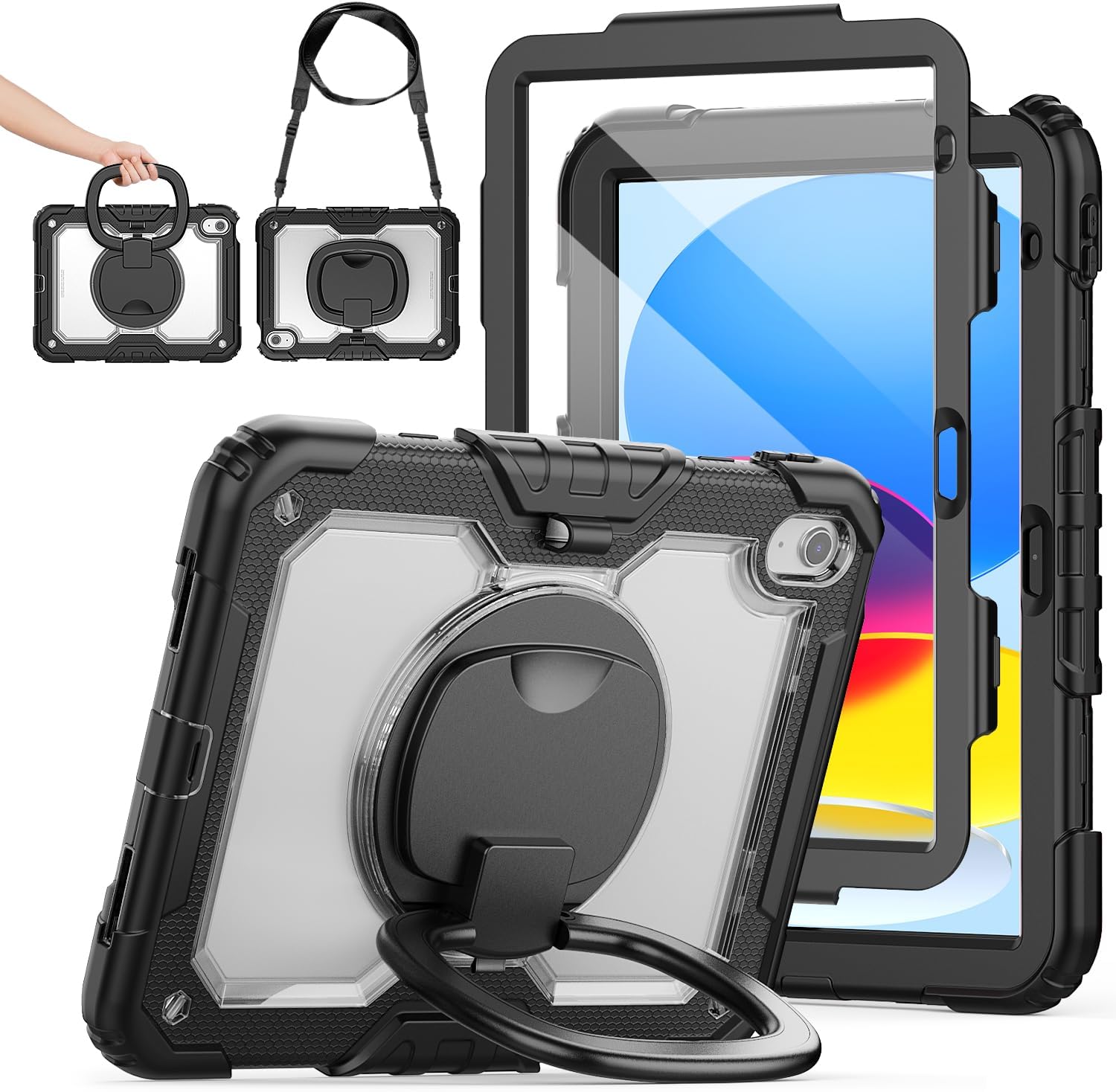 SCSVPN Case for iPad A16 11th Generation 11 Inch 2025/ iPad 10th Generation Case 10.9 Inch 2022, Shockproof Rugged Kids Transparent Cover w/Pencil Holder, Rotating Stand/Handle, Shoulder Strap, Clear