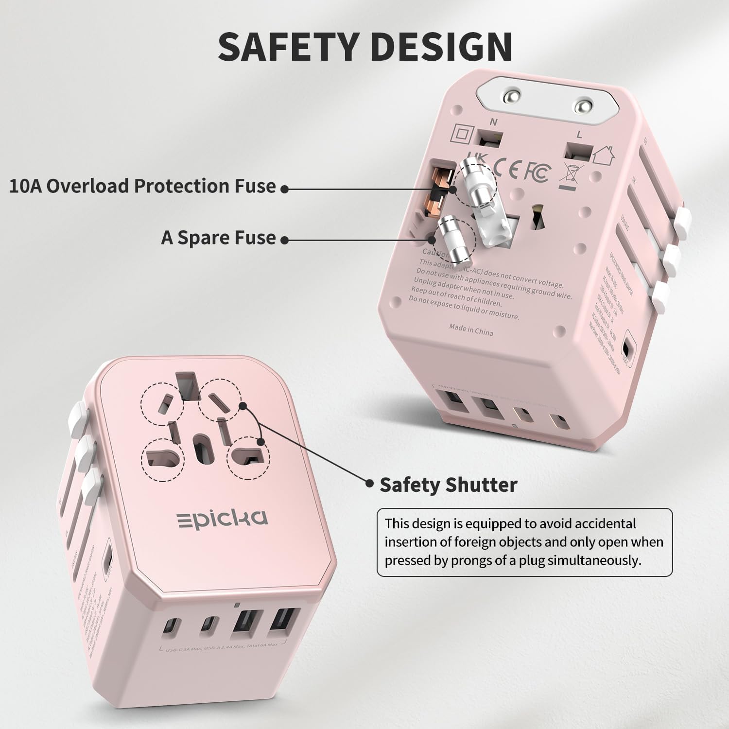 EPICKA Universal Travel Adapter, International Power Plug Adapter with 3 USB-C and 2 USB-A Ports, All-in-One Worldwide Wall Charger for USA EU UK AUS (TA-105C, Pink)