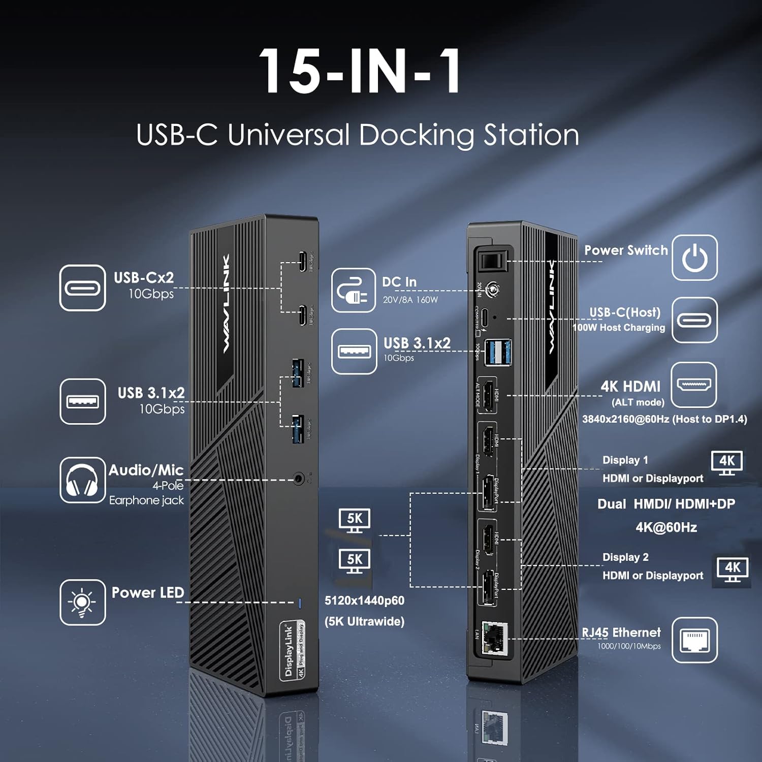 WAVLINK DisplayLink Docking Station Triple Monitor 4K@60Hz for 3 Monitors, 100W Charging for Thunderbolt 4/3, USB C M1 M2 M3 M4 Mac/Windows/Chrome - 3 HDMI, 2 DP, 6 USB Ports, 160W Power, LAN, Audio