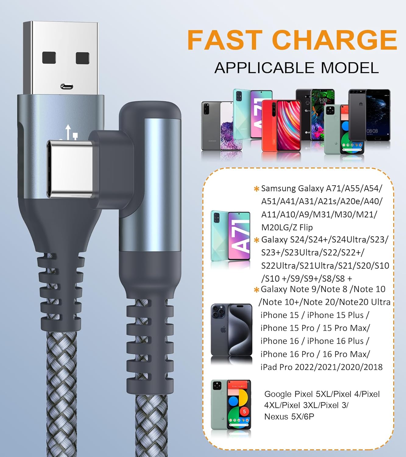 sweguard USB Type C Charger Cable Right Angle [2-Pack,20FT] iPhone 16 Charger Nylon Braided Cord for iPhone 15 16 Pro Max Samsung Galaxy S25 S24 S23 S22 S21 S20 S10 S9 Note A15 A55 Flip Pixel LG Moto