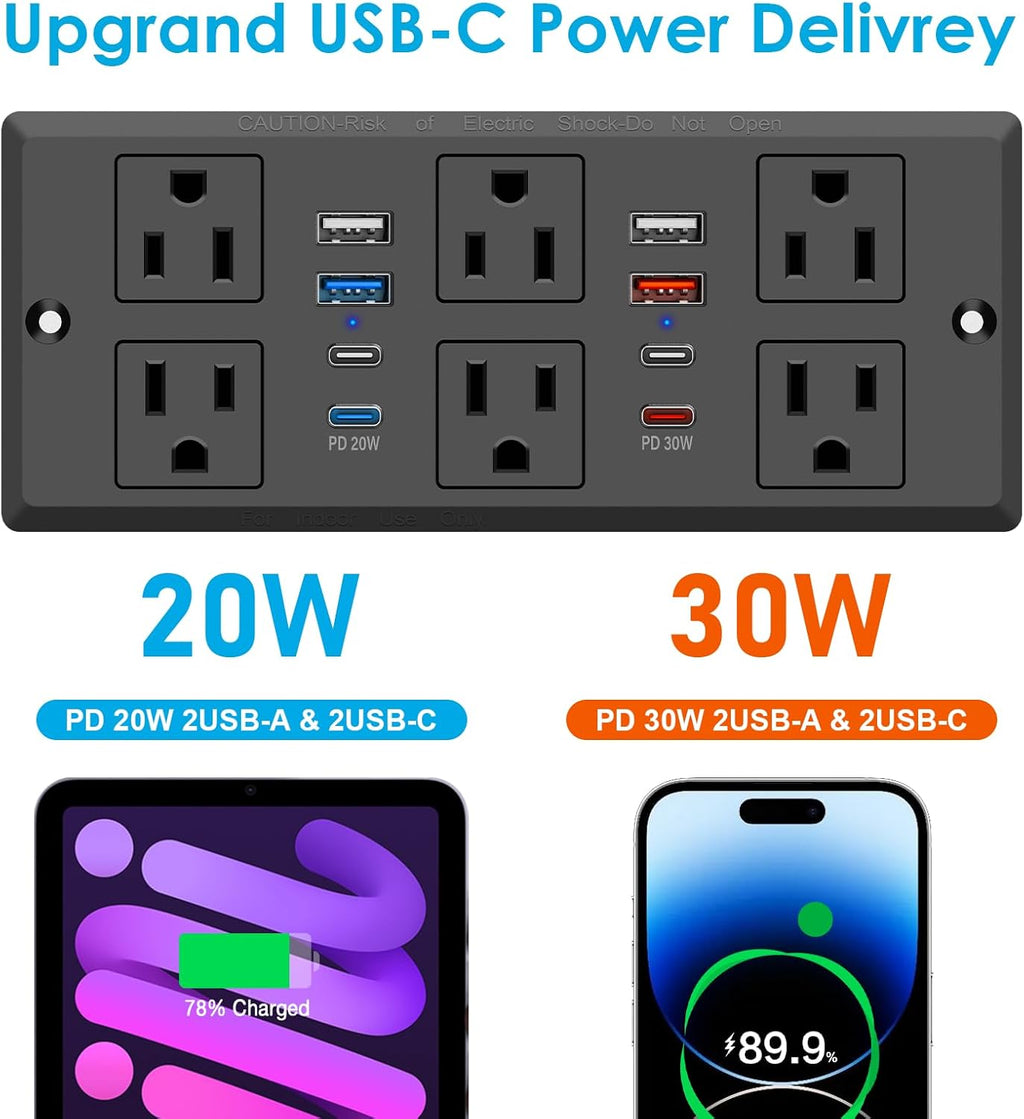 Recessed Power Strip, 30W PD USB-C & USB-A Fast Charging, Drawer Outlet Plug in 6 Outlets & 8 USB Ports, Furniture Flush Mount Desk Outlets for Conference Table, 10FT Cord Black