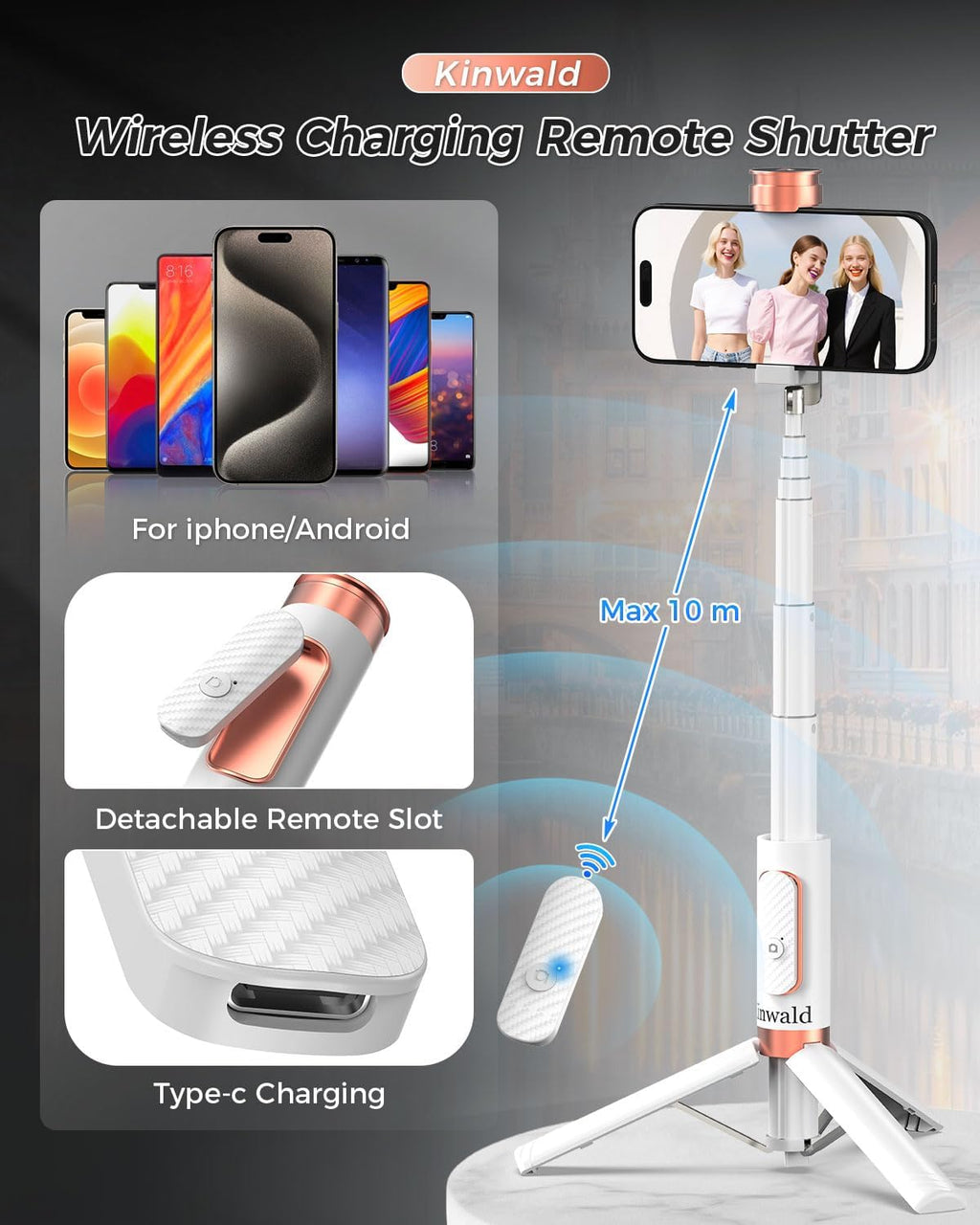 Selfie Stick Tripod for iPhone & Android, Portable Phone Tripod Stand with Bluetooth Remote, One-Click Open, Compact & Lightweight, All-in-1 for Vlog/Travel/Photography (White)
