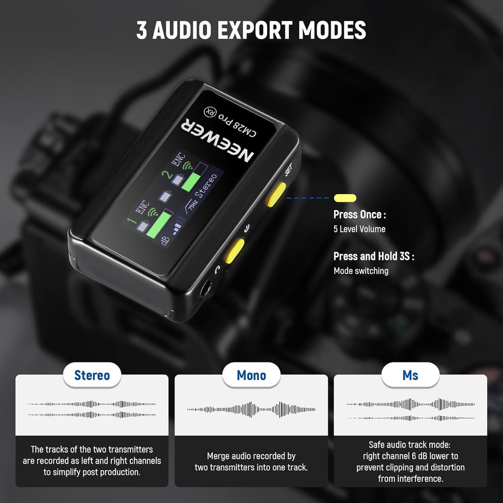 NEEWER CM28 PRO Wireless Lavalier Microphone + Charging Case & Cleaning Cloth, Noise Canceling 9Hrs Recording Mini Lapel Mic Compatible with iPhone iPad USB C Android Phone Camera PC Laptop Computer