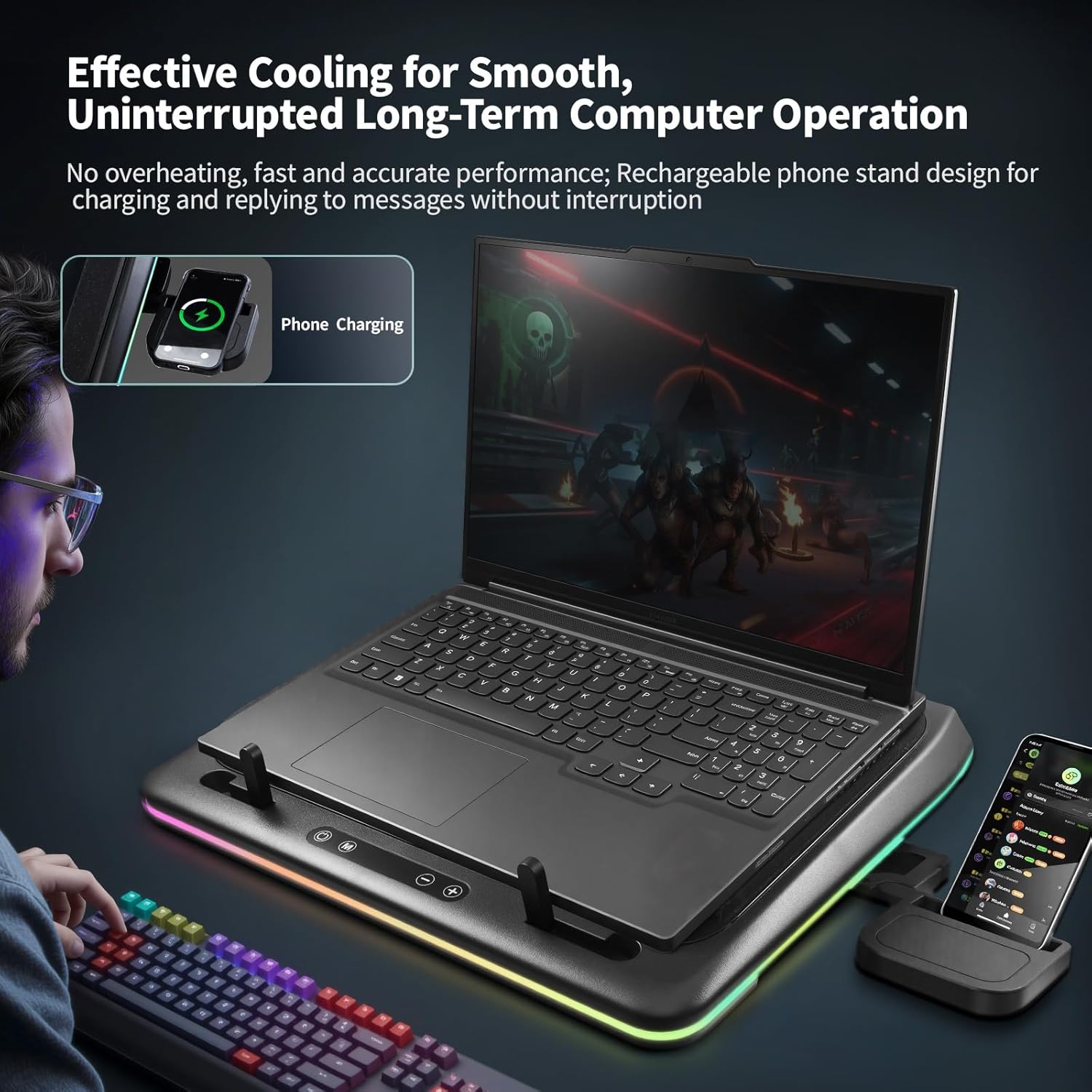 IMMOENUC- Compressed Air Laptop Cooling Pad with Wireless Charging RGB Laptop Cooler Stand with Powerful External Turbo Cooling Fan Compatible with 14-inch and Above MacBook/Dell/HP/Lenovo Laptops