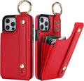 Folosu for iPhone 12/12 Pro Wallet Case with Card Holder, Hand Wrist Strap Loop Holder Kickstand, RFID Blocking Finger Grip Ring PU Leather Double Buttons Shockproof Cover 6.1 Inch Red