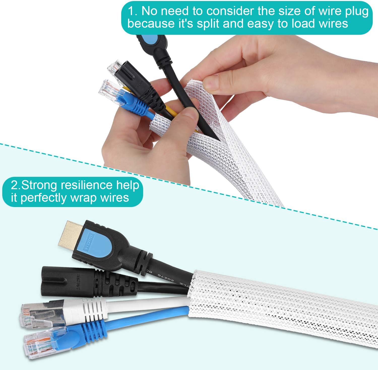 6.6ft - 2/3 inch White Cable Sleeve, Cable Organizer for Desk PC TV Computer, Wire Protector Cable Wrap Cover, Cord Management for Home Office