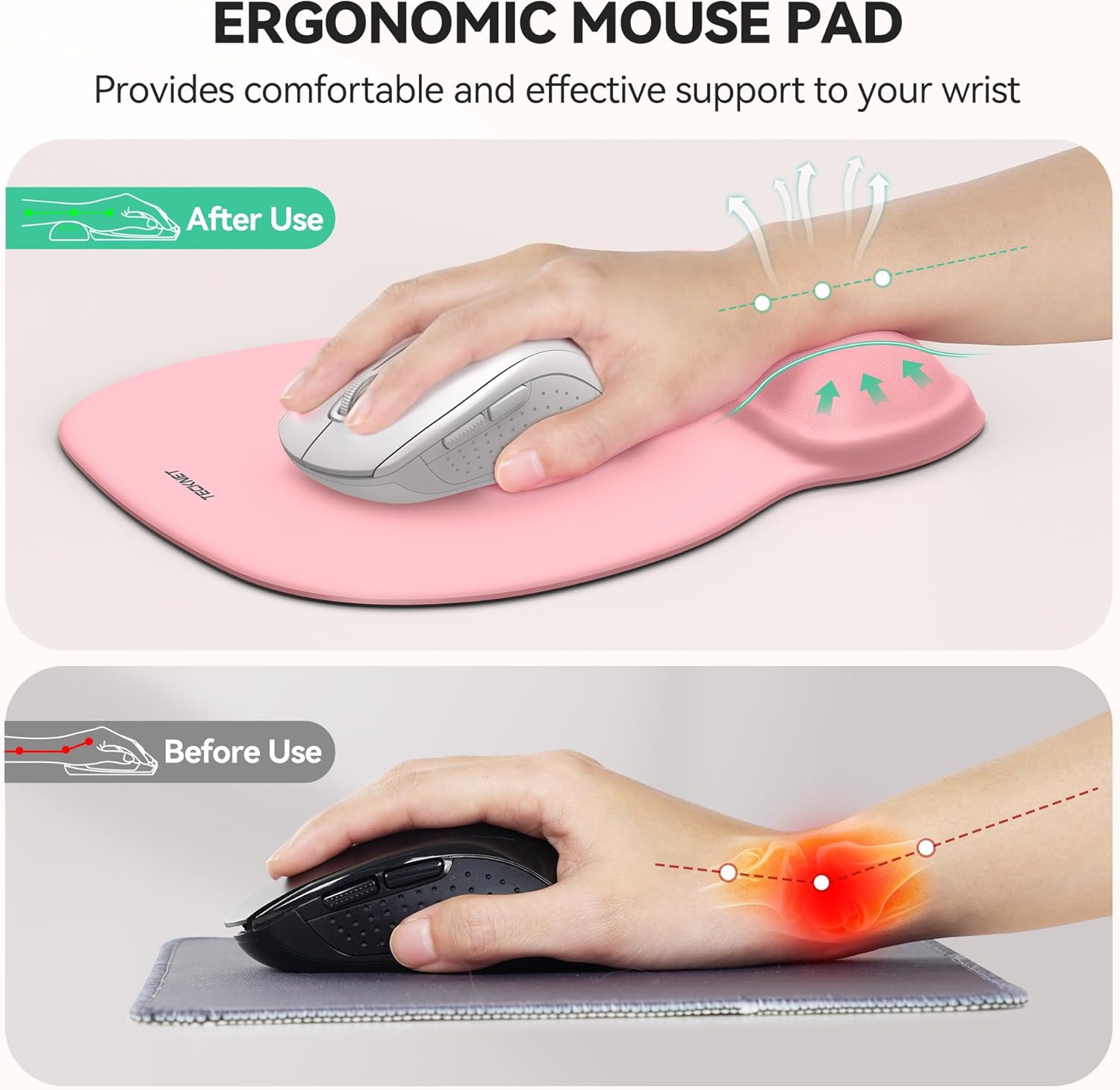 TECKNET Gel Mouse Pad with Wrist Rest, Ergonomic Office Mousepad with Wrist Support - Non-Slip & Smooth Surface Comfortable Desk Accessories Mat for Office, Gaming and Study - Pink