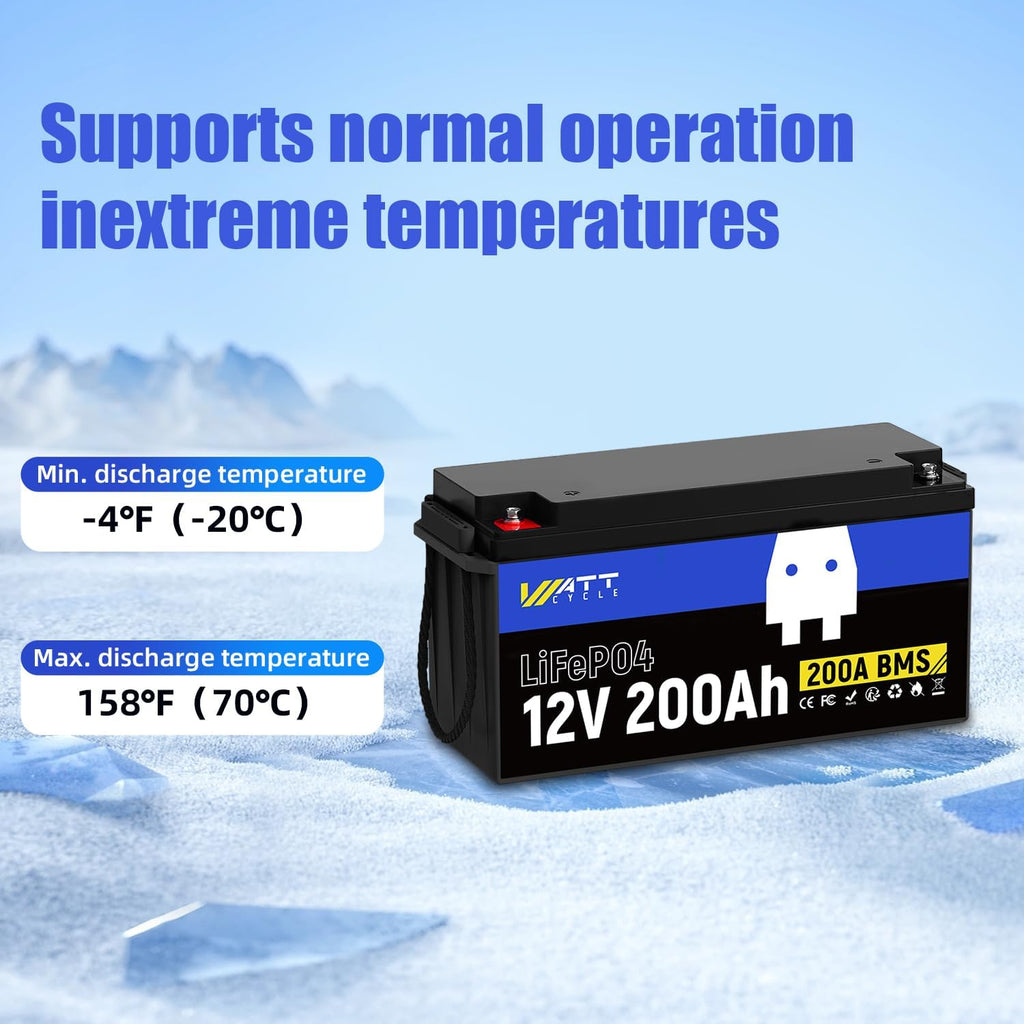 12.8V 200Ah LiFePO4 Lithium Battery 1 Pack - 15000+ Cycle Life, Integrated 200A BMS, Extreme Temperature Resilience - Perfect for RV, Camping, and Home Energy Storage.