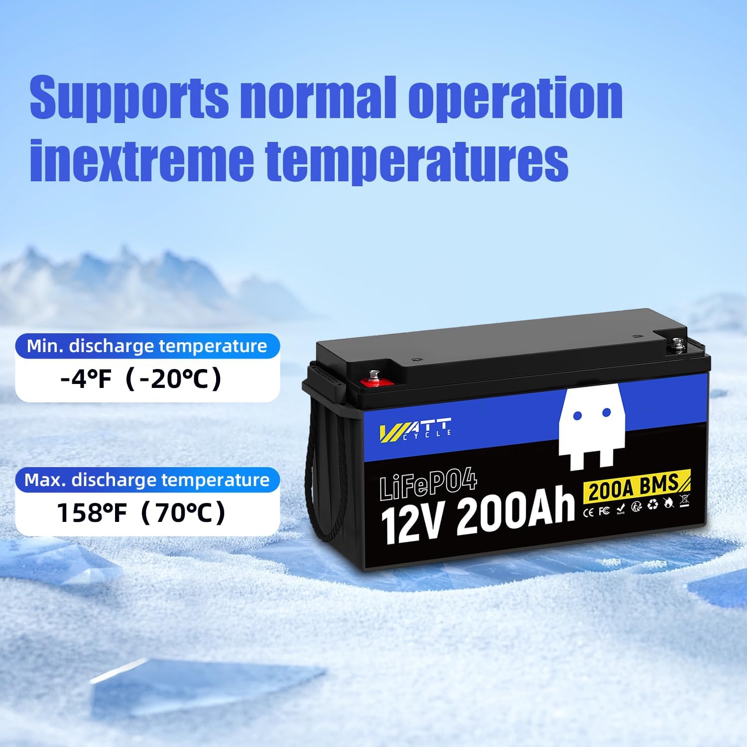 12.8V 200Ah LiFePO4 Lithium Battery 1 Pack - 15000+ Cycle Life, Integrated 200A BMS, Extreme Temperature Resilience - Perfect for RV, Camping, and Home Energy Storage.