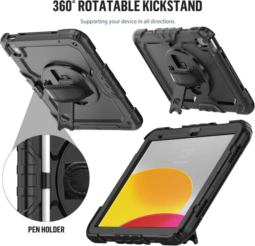 BLOSOMEET Case for iPad A16 11th/10th Generation 11''/10.9'' 2025/2022 with Tempered Glass Screen Protector & Pencil Holder, Rugged Military Grade Cover w/Stand Hand Shoulder Strap, Black