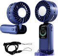 Blows Cold Air Portable Handheld Fan with Stand & Lanyard, 5000mAh USB-C Rechargeable Battery, 12H/5-Speed LED Display Mini Fan for Travel Beach Cruise Concerts Outdoor Events(Blue)