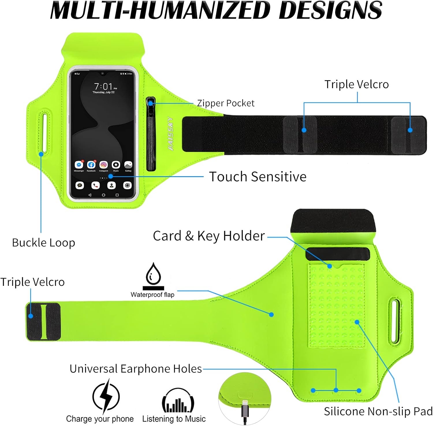 Running Armband with Earphone Bag Cell Phone Armband for iPhone 16 15 Pro 14 Plus 13 11 XR XS, Galaxy S24/S10 Water Resistant Sports Phone Holder Case & Zipper Slot Car Key Holder for 6.7 inch Phone