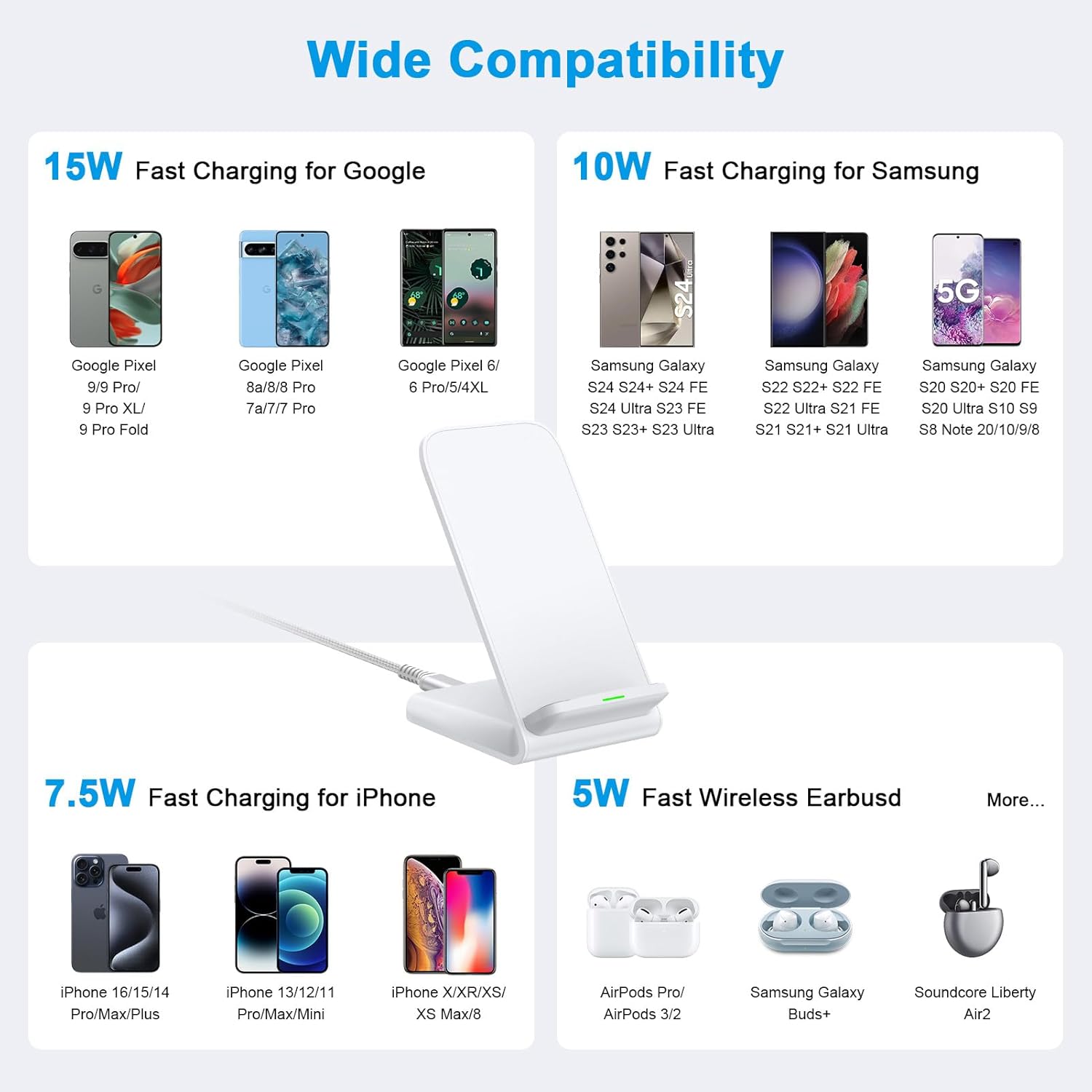 Pixel Fast Wireless Charger, 15W Wireless Charging Stand for Google Pixel 9a 9 Pro XL 8a 8 Pro 7a 7 Pro 6 Pro, Android Phone Wireless Charger Stand for Samsung Galaxy S25 Ultra S24 S23, iPhone 16 15