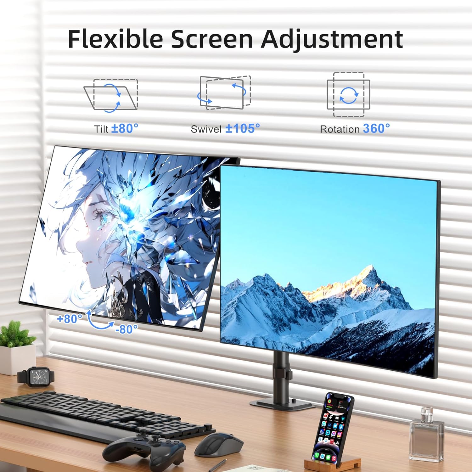 Suptek Dual Monitor Arm Desk Mount,Ultrawide Dual Monitor Arm for 2 Monitor Screens up to 42 inches and Max 22lbs Each,Extra Tall 15.75" Pole Fully Adjustable Monitor Stand for Desk,Black(MD9442LB)