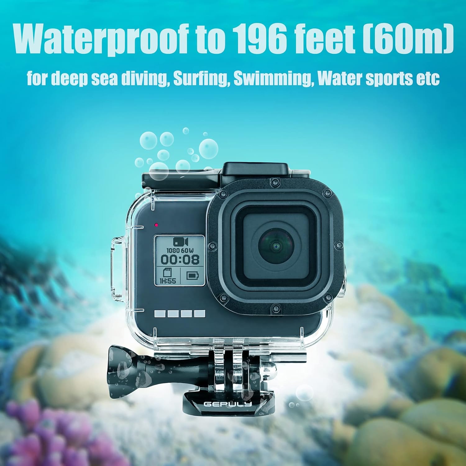 Waterproof Housing Case for GoPro Hero 8 Black - 60M(196ft) Protective Underwater Diving Shell Mount with 2 Cold Shoe Adapters Bracket Accessories Action Camera