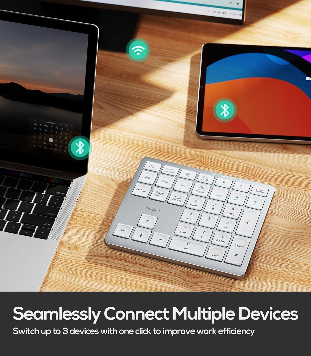 Nulea Wireless Number Pad Bluetooth 5.0 & 2.4G Portable Numeric Keyboard, USB-C Rechargeable, 34-Keys Bluetooth Keyboard for Data Entry (Silvery White)