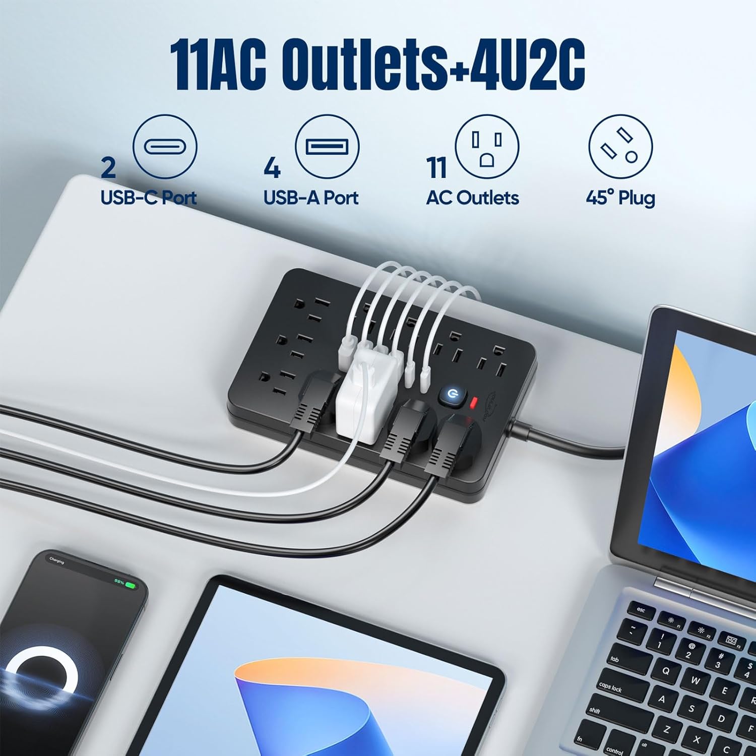 15 FT Flat Plug Surge Protector Power Strip,11 Multiple AC Outlets with 6 USB Ports (2 USB C), 15 Feet Extension Cord, 1250W/10A, One Touch Switch Button, 17 in 1 Compact powerstrip