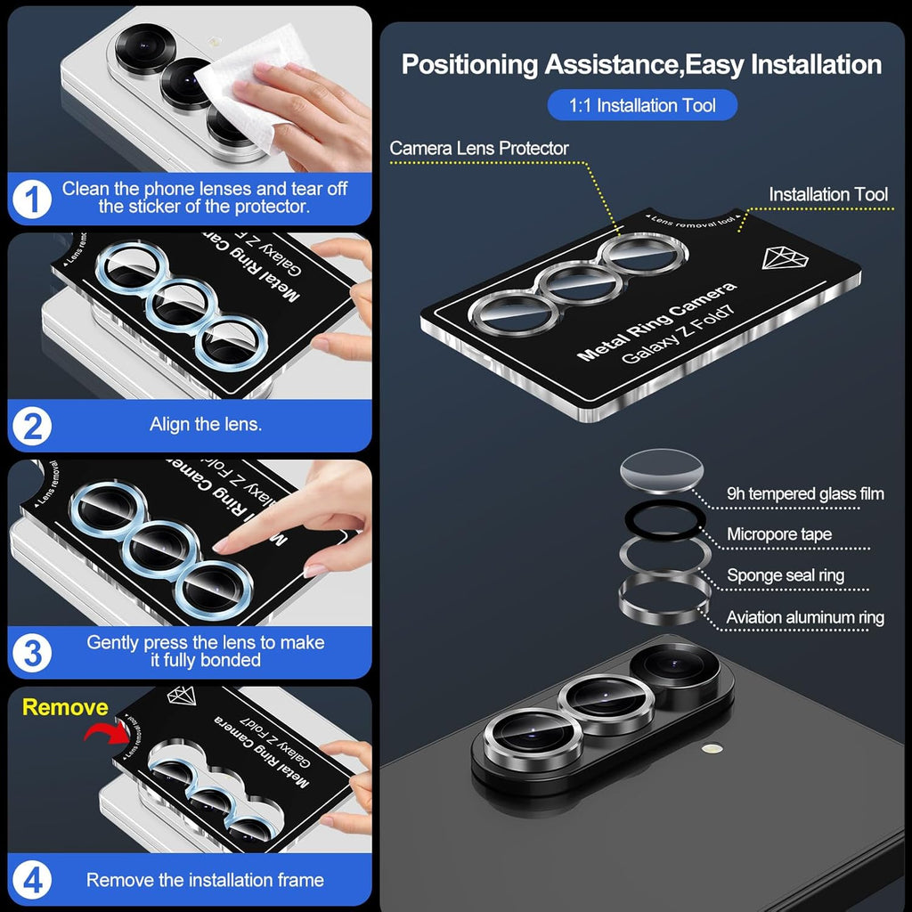 for Samsung Galaxy Z Fold 7 Camera Lens Protector, Individual Metal Ring Tempered Glass Lens Cover, [Strong Adsorption] Scratch Resistant Ultra-Thin HD Clear Lens Cover, 1 Set-Black