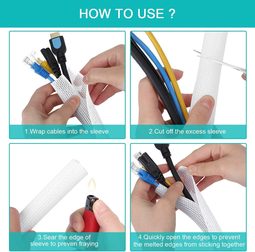 6.6ft - 4/5 inch White Cable Sleeve, Cable Organizer for Desk PC TV Computer, Wire Protector Cable Wrap Cover, Cord Management for Home Office