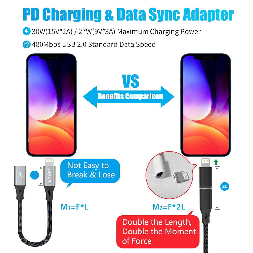 AGVEE 2 Pack 4 inch USB-C Female to Lightning Male Adapter, 30W Fast Charging Charger Converter for iPhone 14 13 12 11 Airpods iOS Device Carplay, Not for Audio, Dark Gray