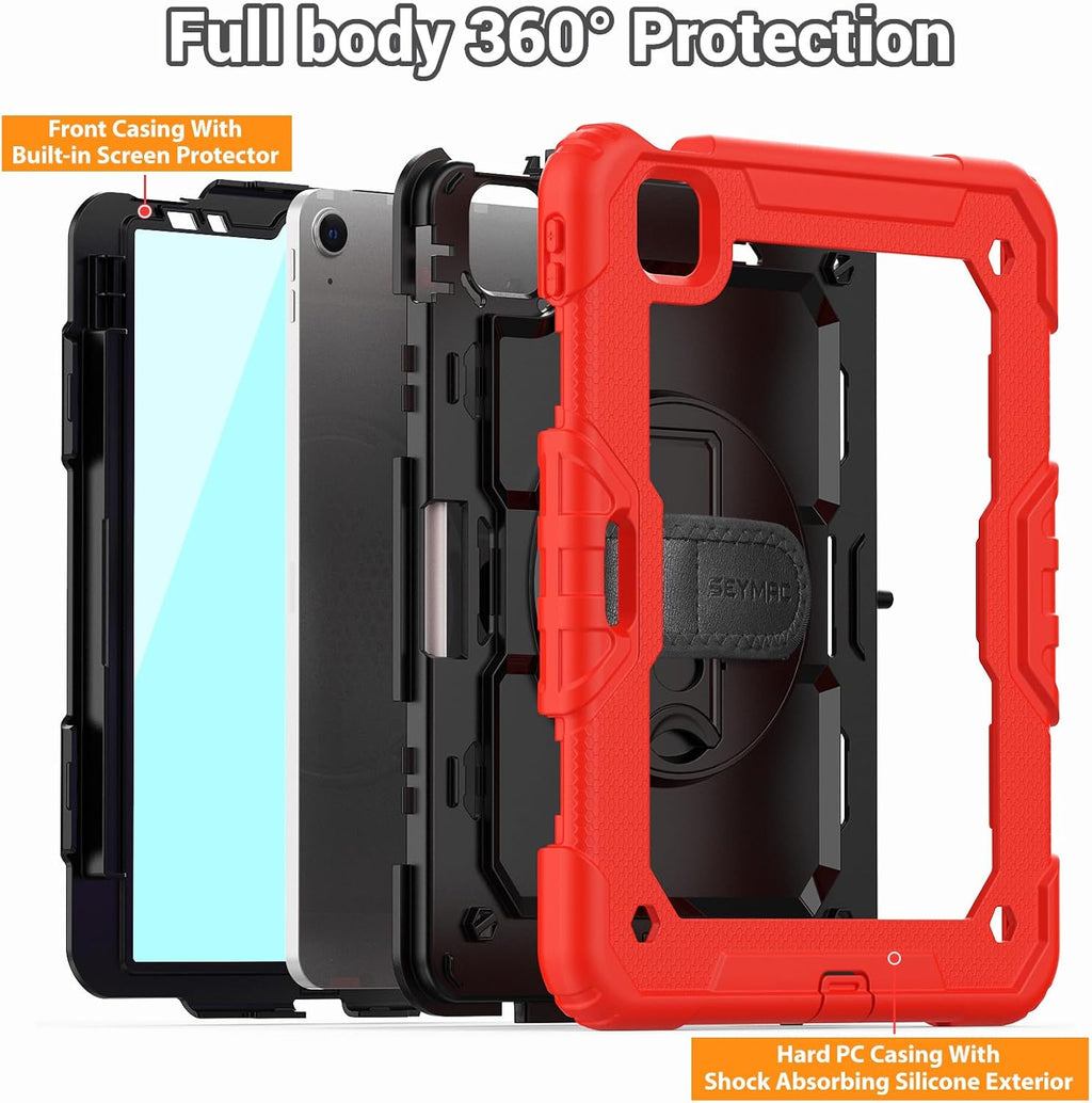 SEYMAC for iPad Air 5th/4th Generation Case 10.9 Inch, Full-Body Heavy Duty Protective Case with Rotating Stand, Screen Protector and Hand/Shoulder Strap for Air 5/ Air 4, Red