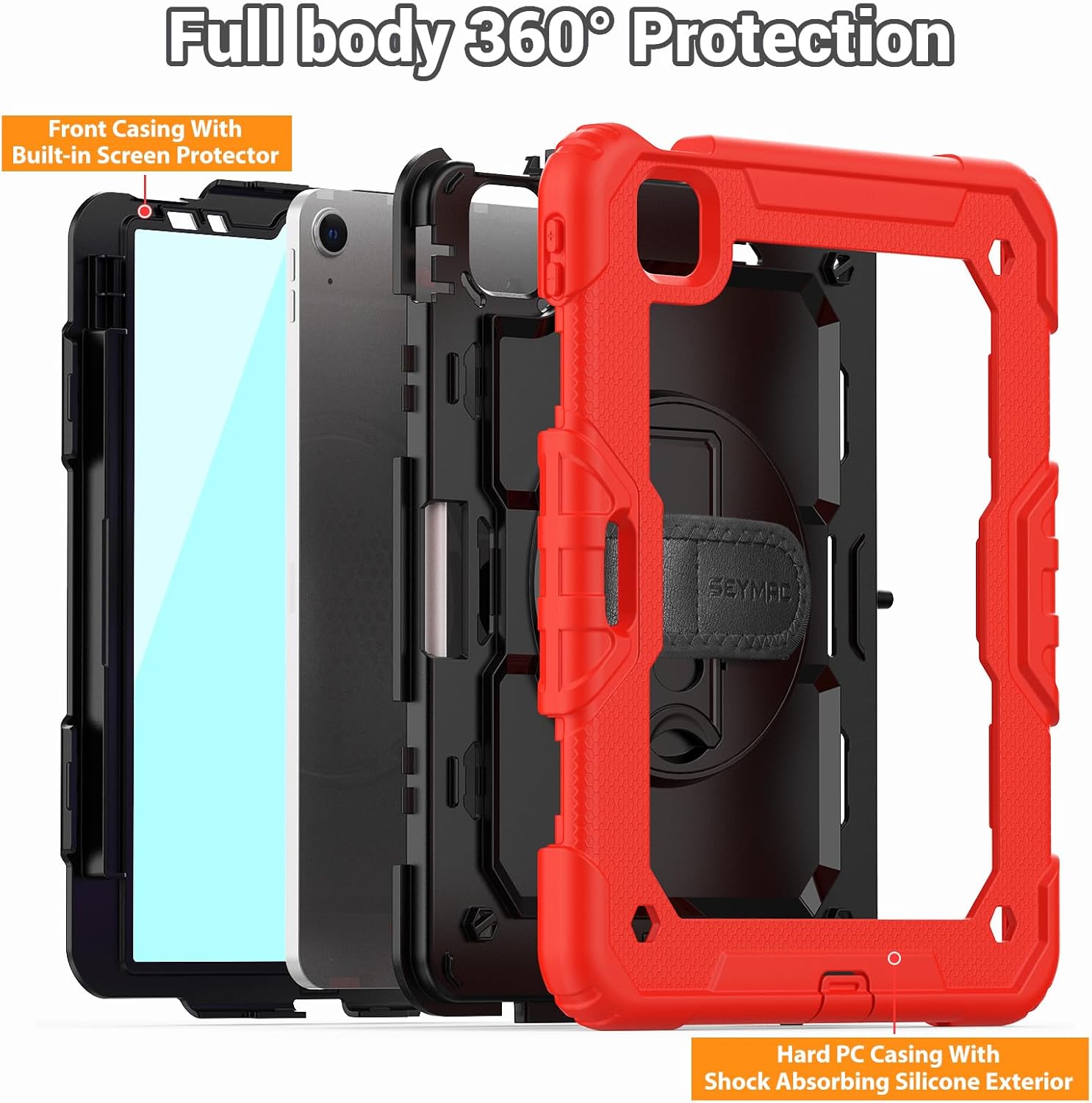SEYMAC for iPad Air 5th/4th Generation Case 10.9 Inch, Full-Body Heavy Duty Protective Case with Rotating Stand, Screen Protector and Hand/Shoulder Strap for Air 5/ Air 4, Red