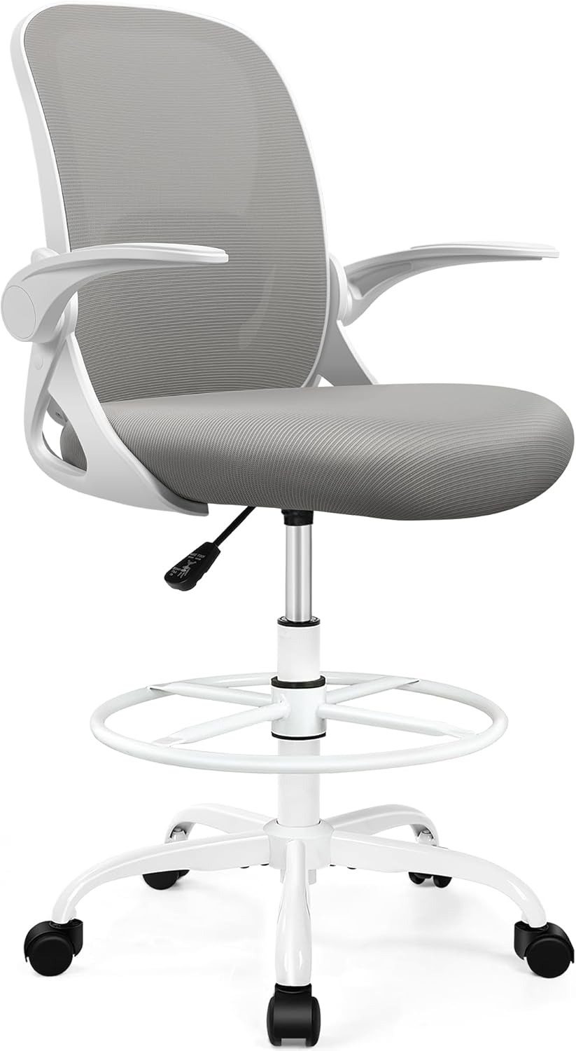 Drafting Chair Tall Office Chair with Flip-up Armrests, Adjustable Height, and Enhanced Lumbar Support - Ergonomic Rolling Stool, Back Support, and Adjustable Foot Rest Ring for Standing Desk Gray