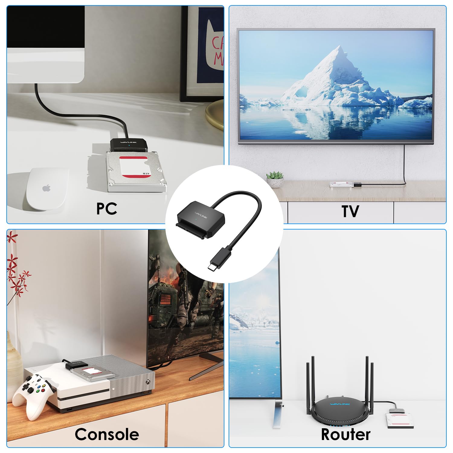 WAVLINK SATA to USB Type-C Hard Drive Cable, 5Gbps USB C to Sata Cable Support UASP, External Hard Drive SATA I/II/III Connector 2.5" SSD/HDD and 3.5" HDD up to 20TB, Power Adapter Included